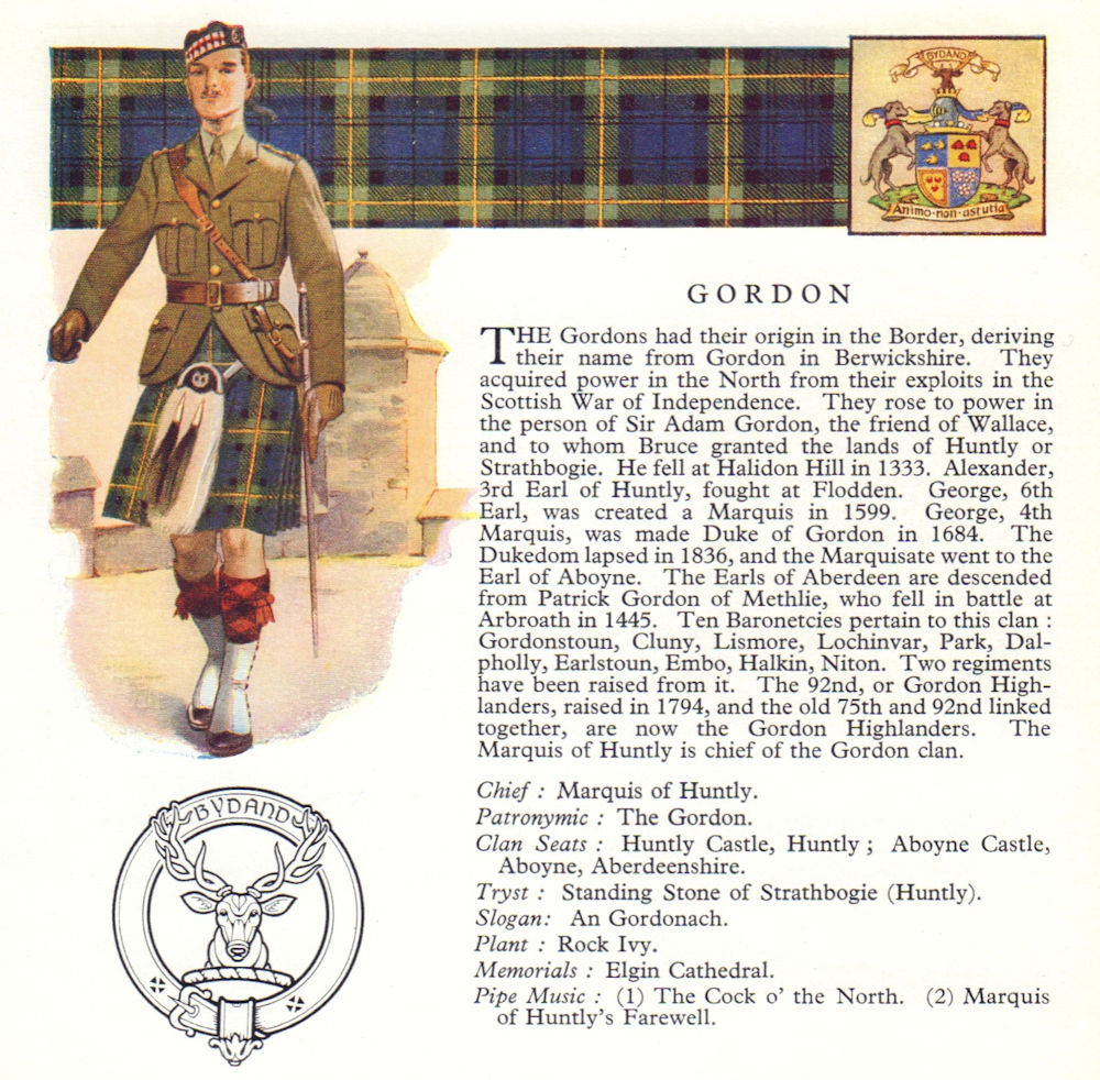 Gordon. Scotland Scottish clans tartans arms badge 1963 old vintage print